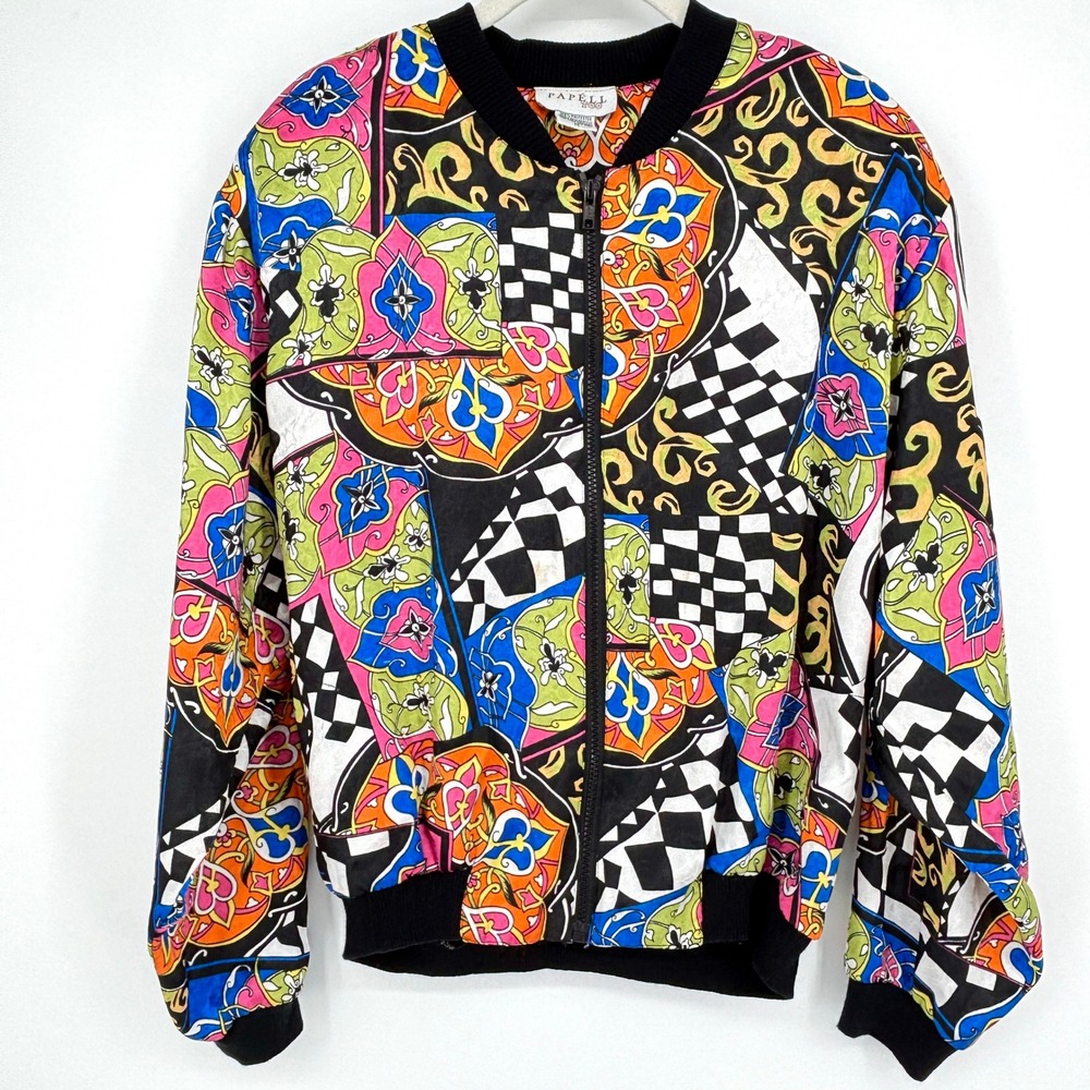 Vintage 90s Satin Bomber Jacket Multicolor Check Print Zip Front Shoulder Pads M